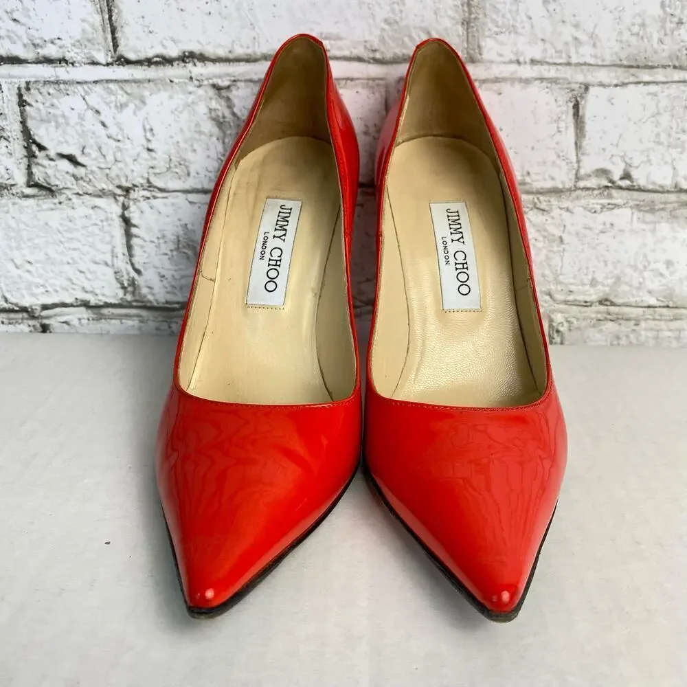 Jimmy Choo Heels Pumps Point Toe Stiletto Shoes Patent Leather Red 38 8 - Picture 5 of 15